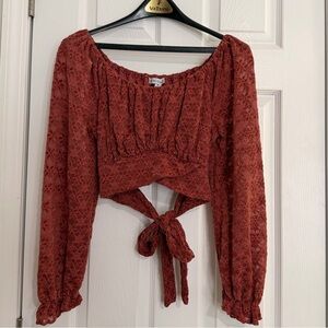 Beyond the Radar Rust Floral Lace Long Sleeve Square Neck Cropped Blouse M